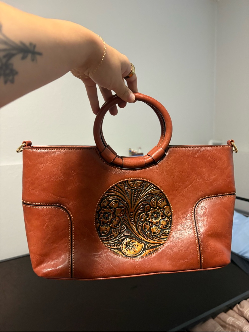 Women's Rust Leather Circle-Handle Tote
